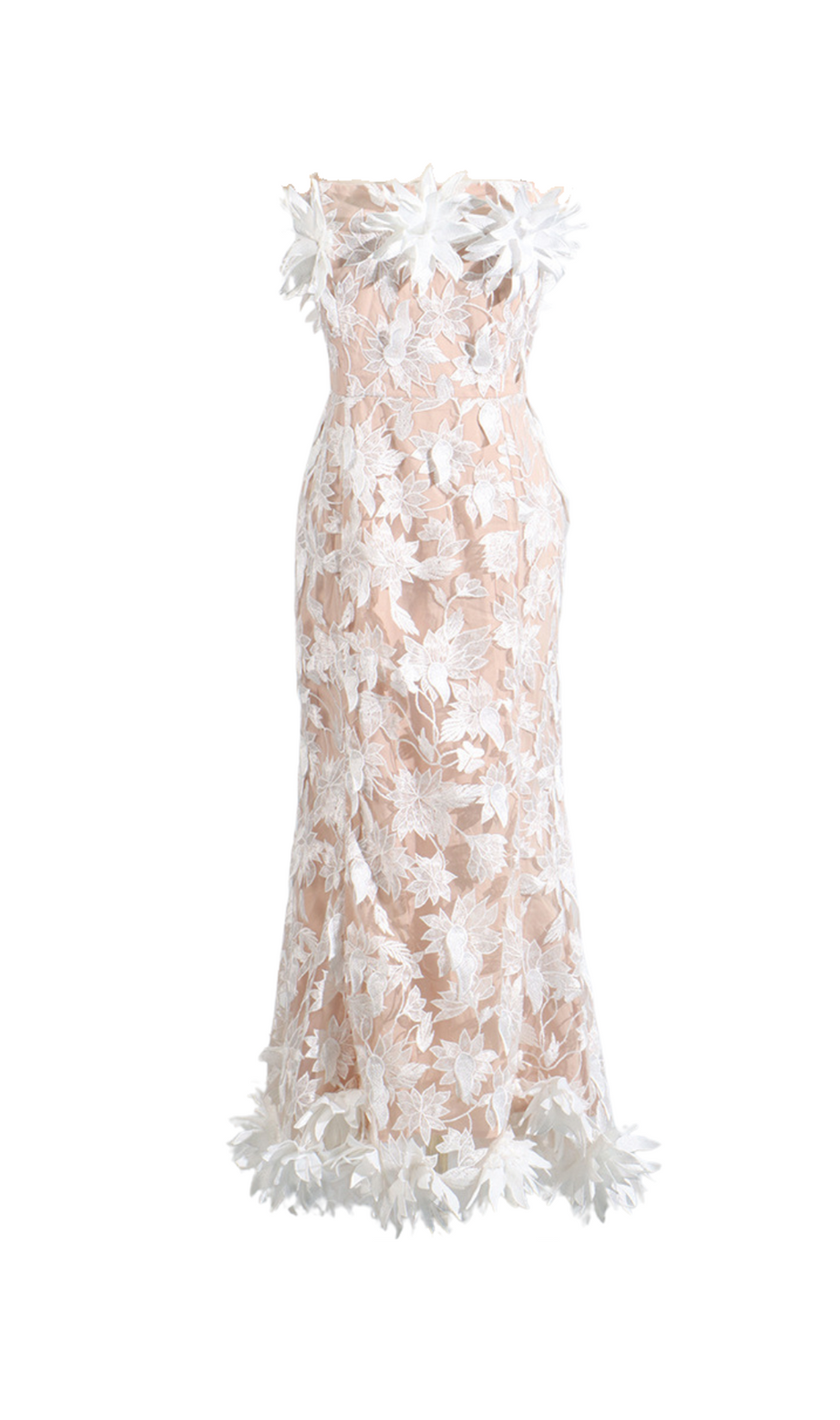 Abito midi senza spalline con ricamo floreale 3D in beige