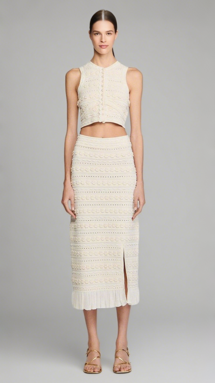 CROCHET TRIM KNIT SKIRT IN ECRU