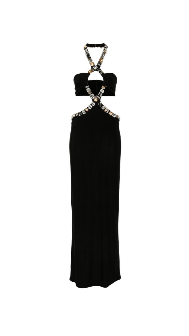 AIIZIE ADELA CRYSTAL EMBELLISHMENT HALTER NECK BLACK MAXI DRESS - product image