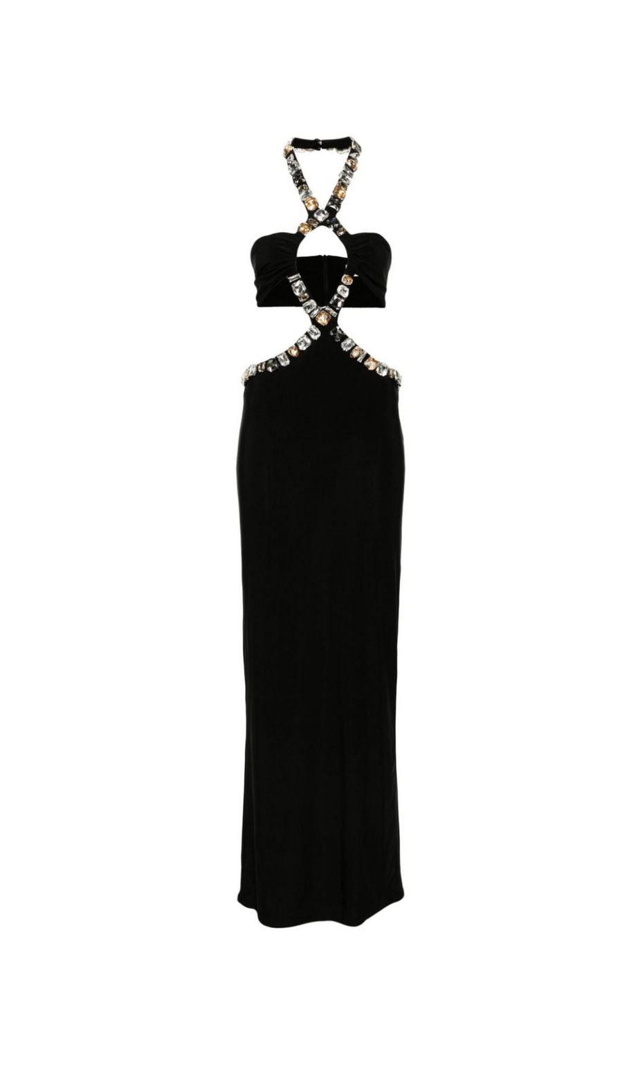 ADELA CRYSTAL EMBELLISHMENT HALTER NECK BLACK MAXI DRESS