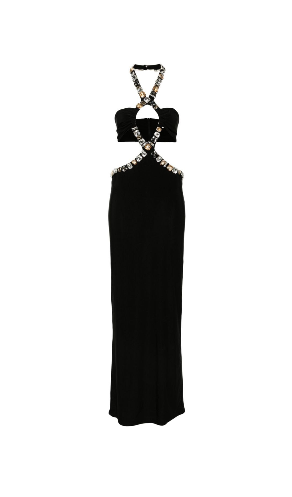 ADELA CRYSTAL EMBELLISHMENT HALTER NECK BLACK MAXI DRESS