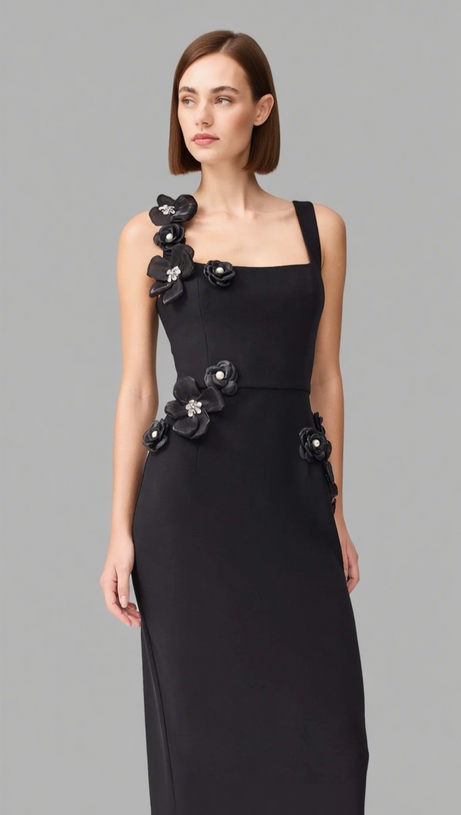 SABRINA 3D FLOWER MIDI DRESS IN BLACK
