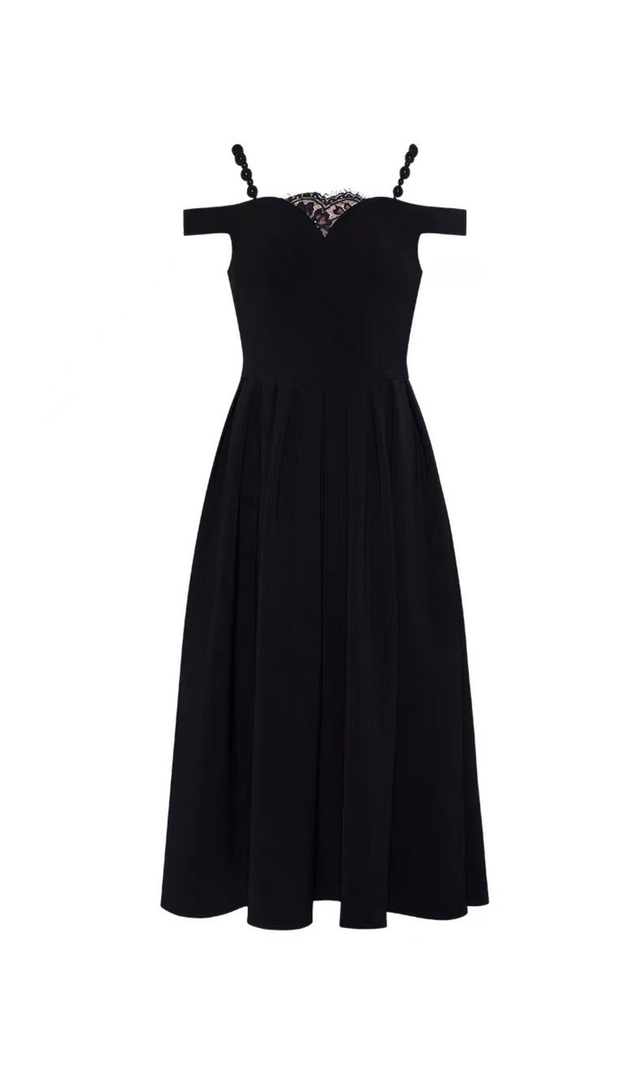 ABITO MIDI IN PIZZO NERO CON SCOLLO A V E SPALLINE DI PERLE AMY