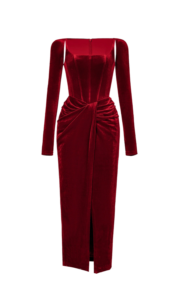 AIIZIE BORDEAUX VELVET DRAPED MIDI DRESS - product image