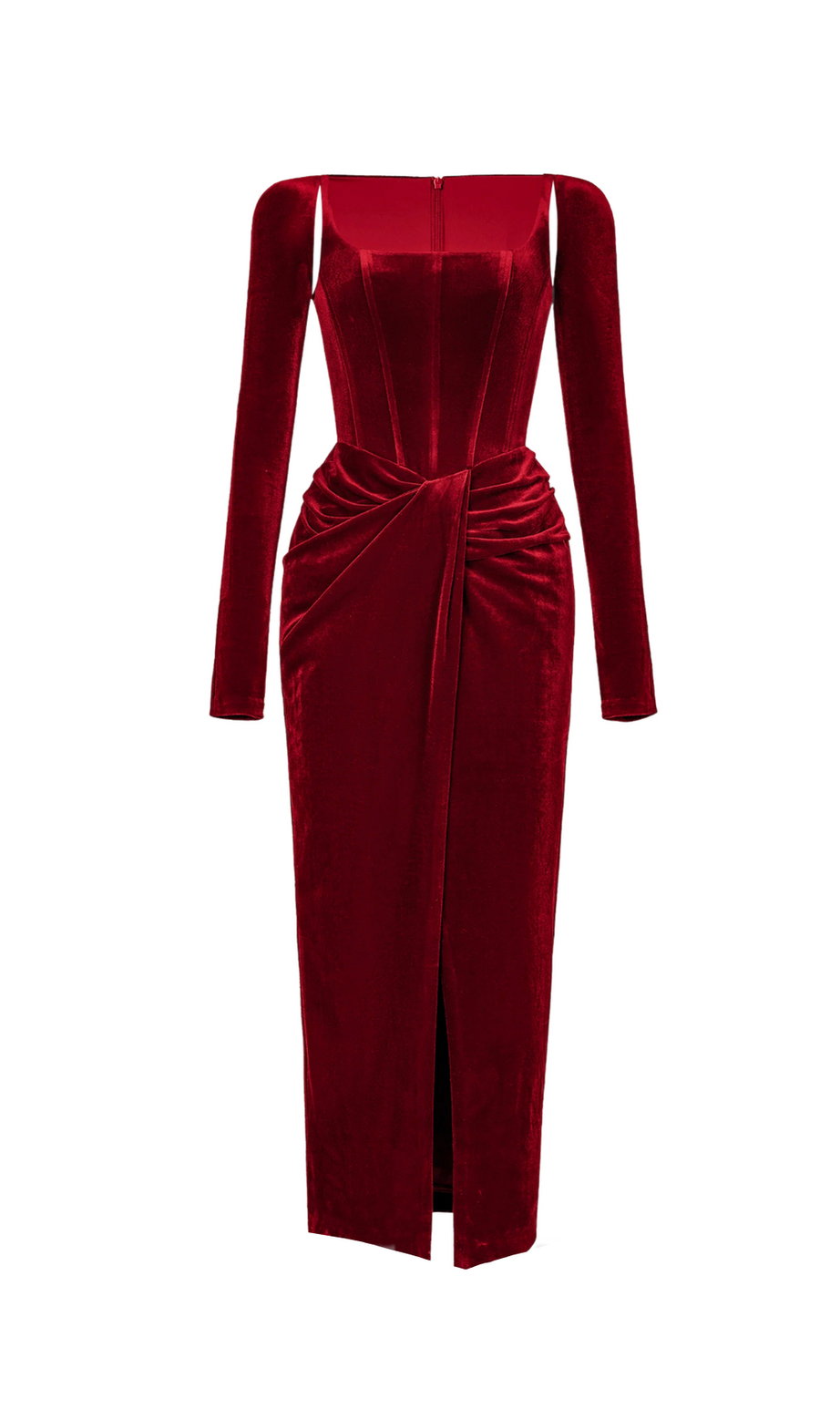 Abito midi drappeggiato in velluto bordeaux