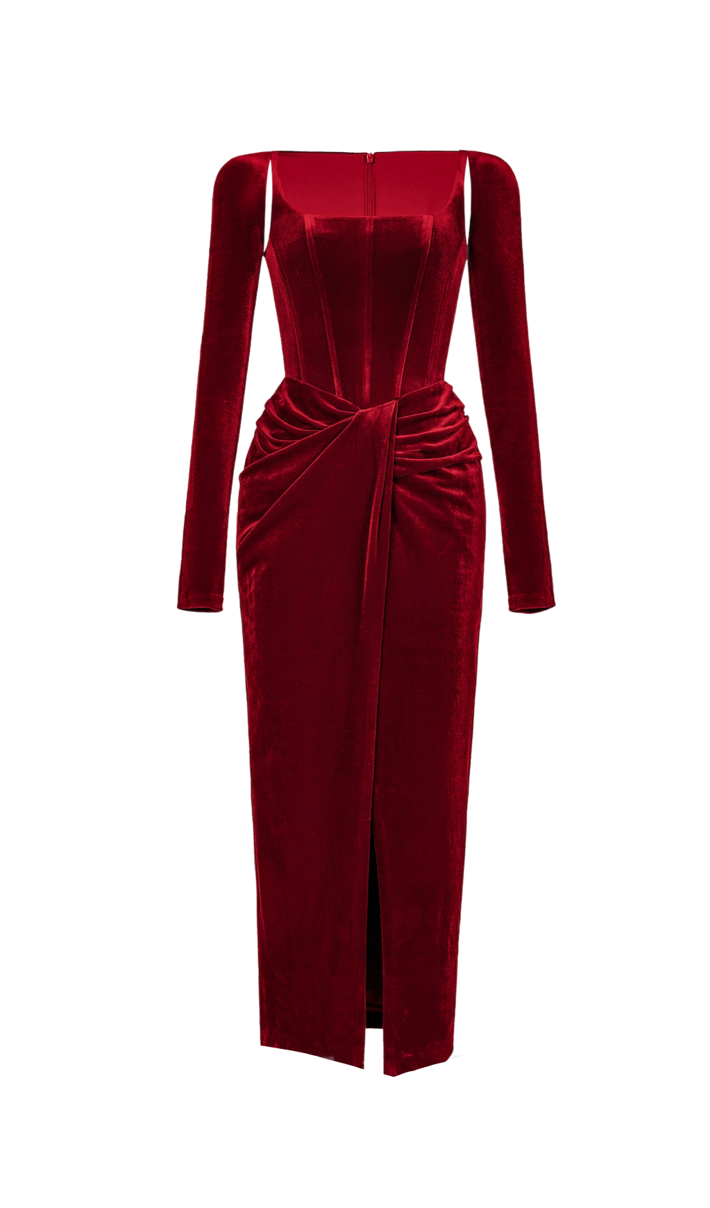 BORDEAUX VELVET DRAPED MIDI DRESS