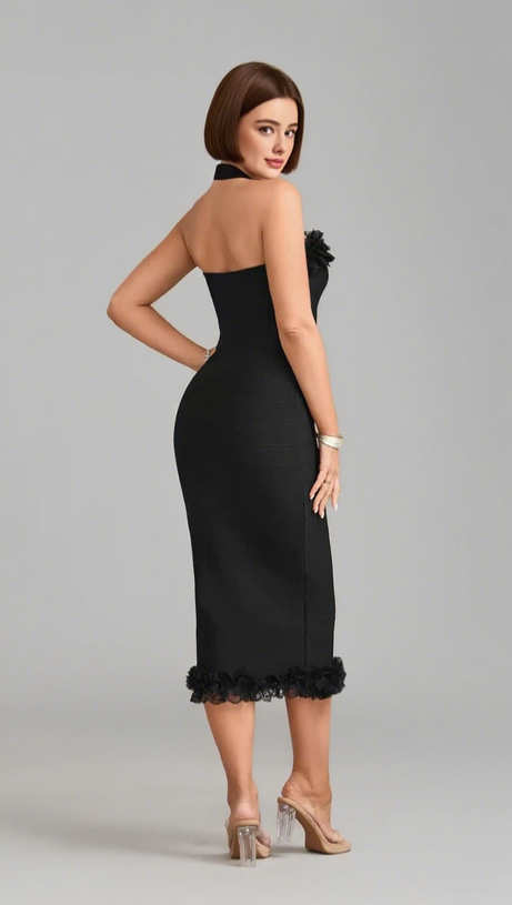 Strick-Midikleid mit Reißverschluss und Rüschen in Schwarz