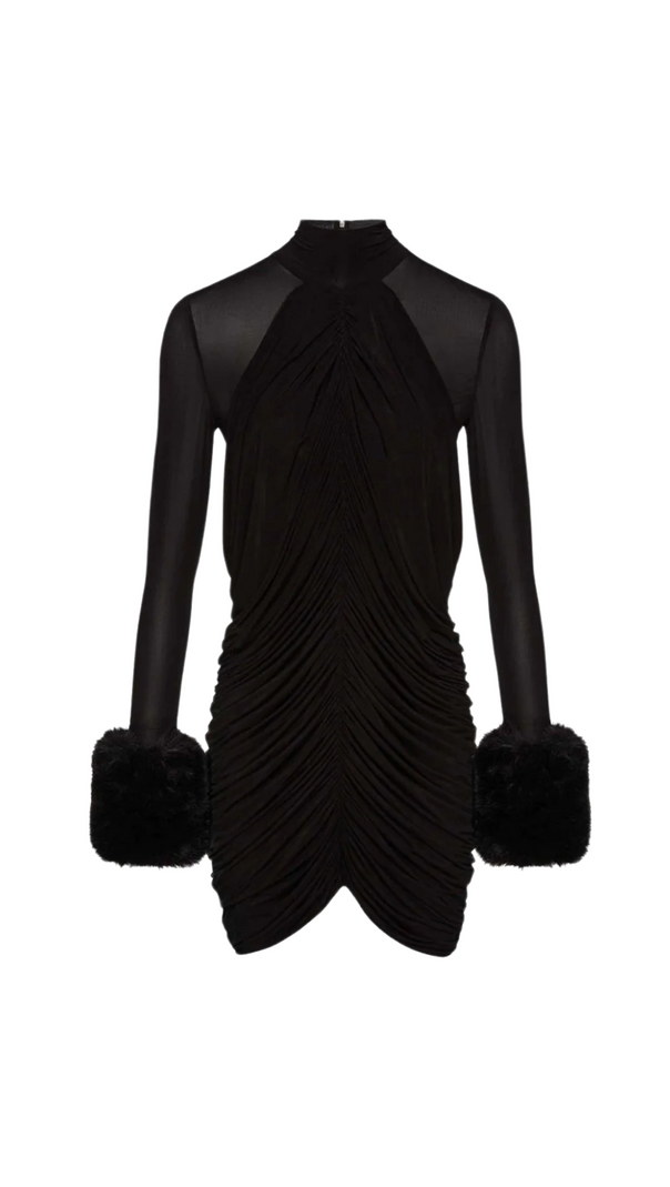 AIIZIE VEVIDA RUCHED MESH FAUX FUR MINI DRESS IN BLACK - product image