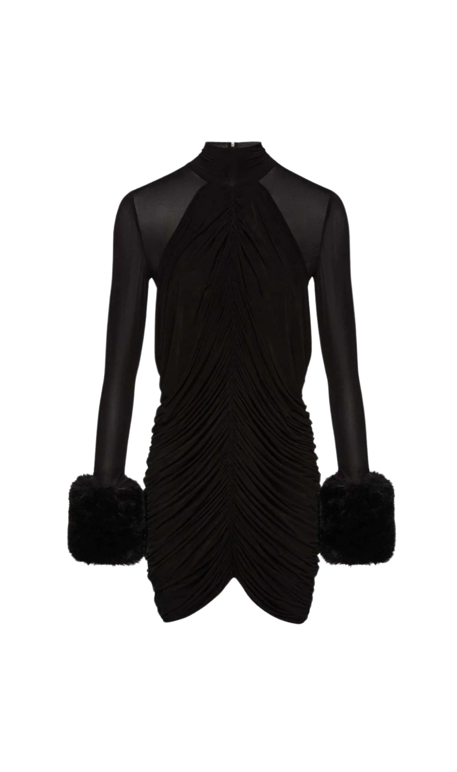 Vevida – Gerüschtes Minikleid aus Netzstoff und Kunstpelz in Schwarz