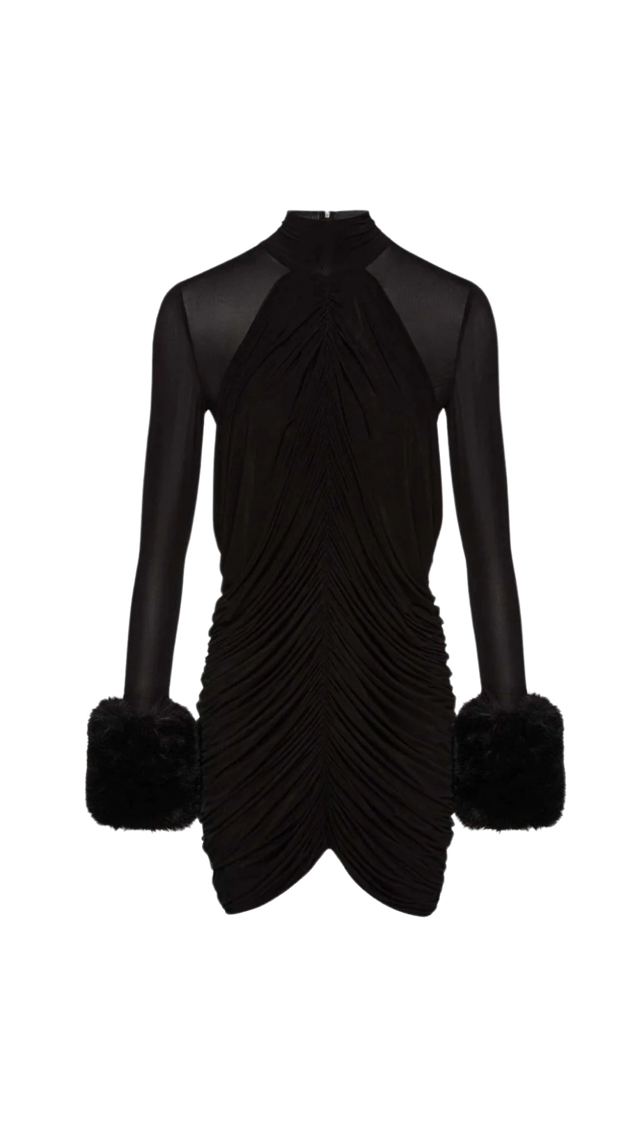 Vevida – Gerüschtes Minikleid aus Netzstoff und Kunstpelz in Schwarz