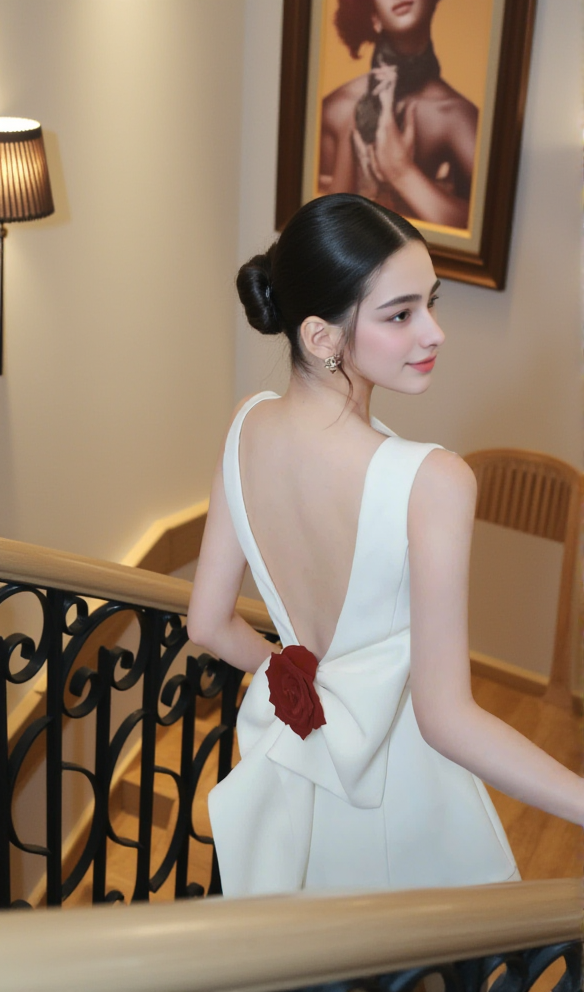 AIIZIE JOANNA BACKLESS FLOWER BOW EMBELLISHED MINI DRESS IN WHITE - product image