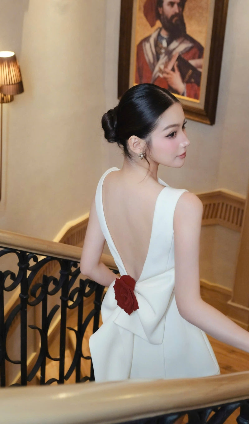 joanna backless flower bow embellished mini dress in white
