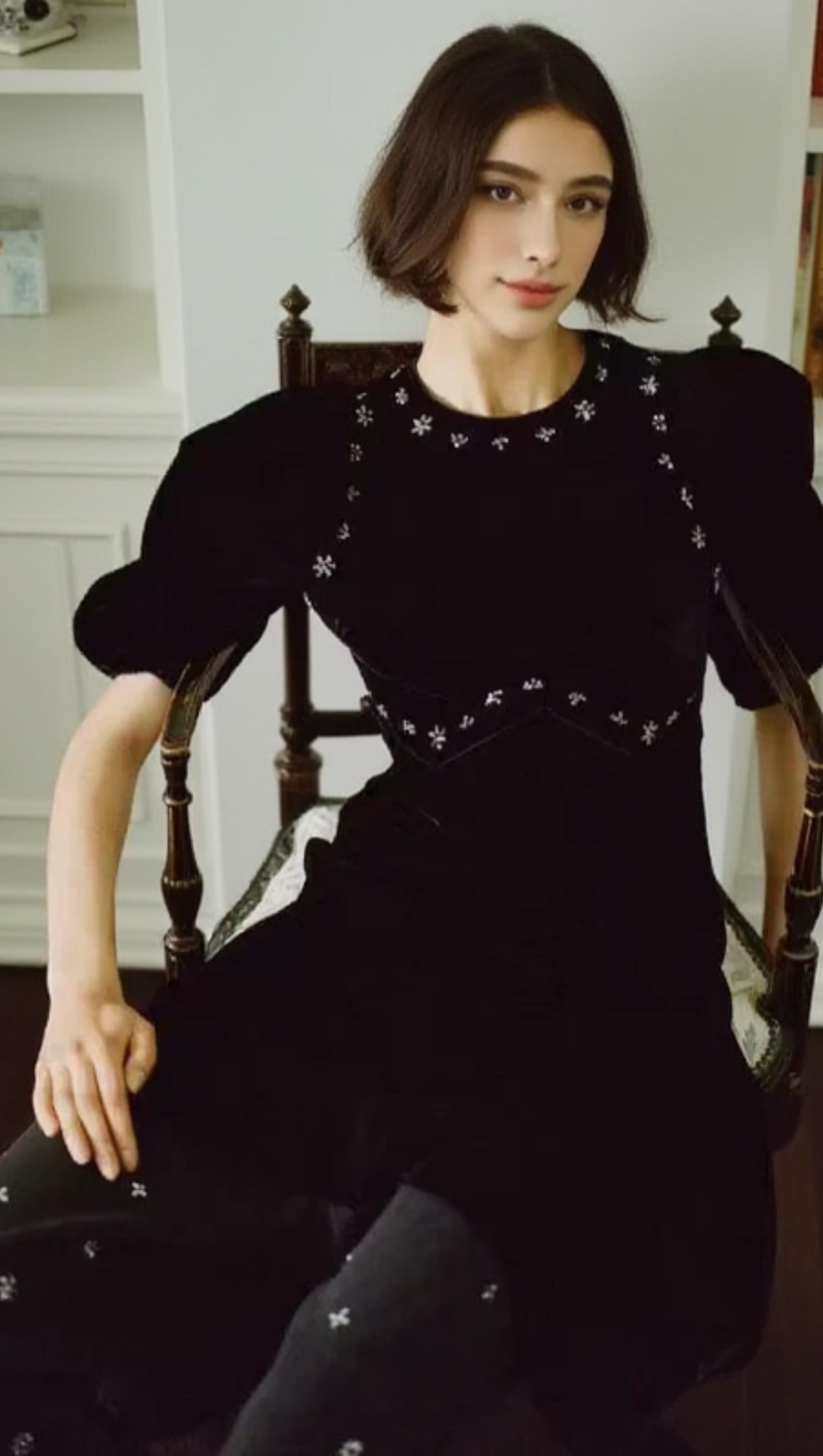 CRYSTAL EMBELLISHED PUFF MIDI DRESS IN BLACK