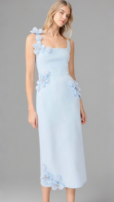 SABRINA 3D FLOWER MIDI DRESS IN BLUE