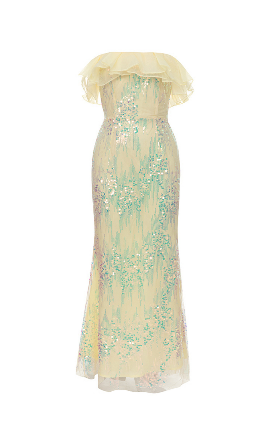 MULTICOLOR SEQUIN PATCHWORK RUFFLE HEM MERMAID MAXI DRESS