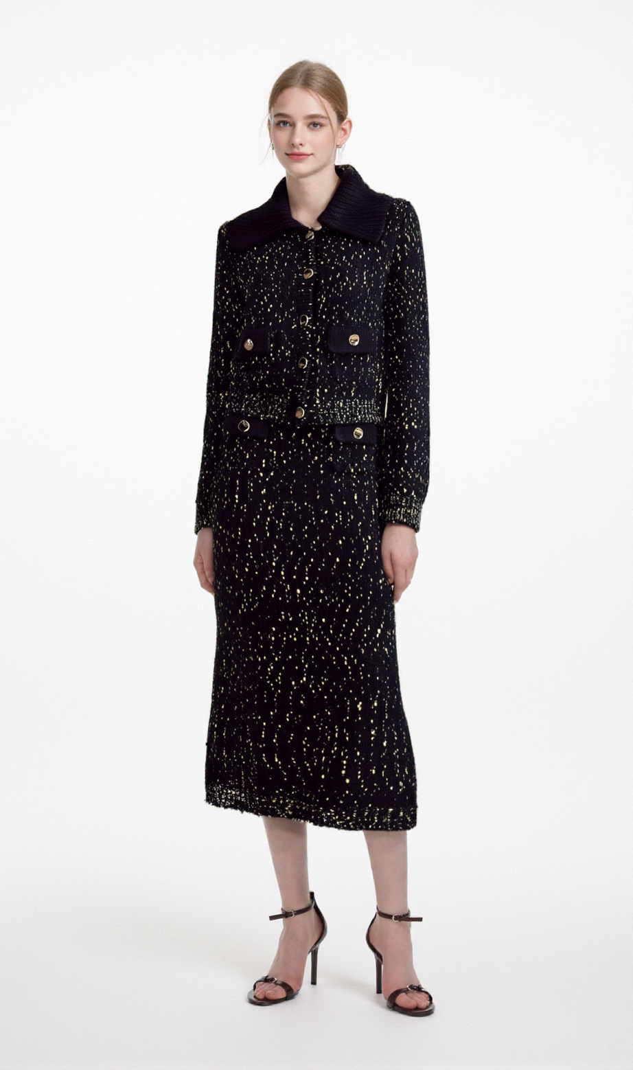 Claudine navy crochet-knit jacket & skirt matching set