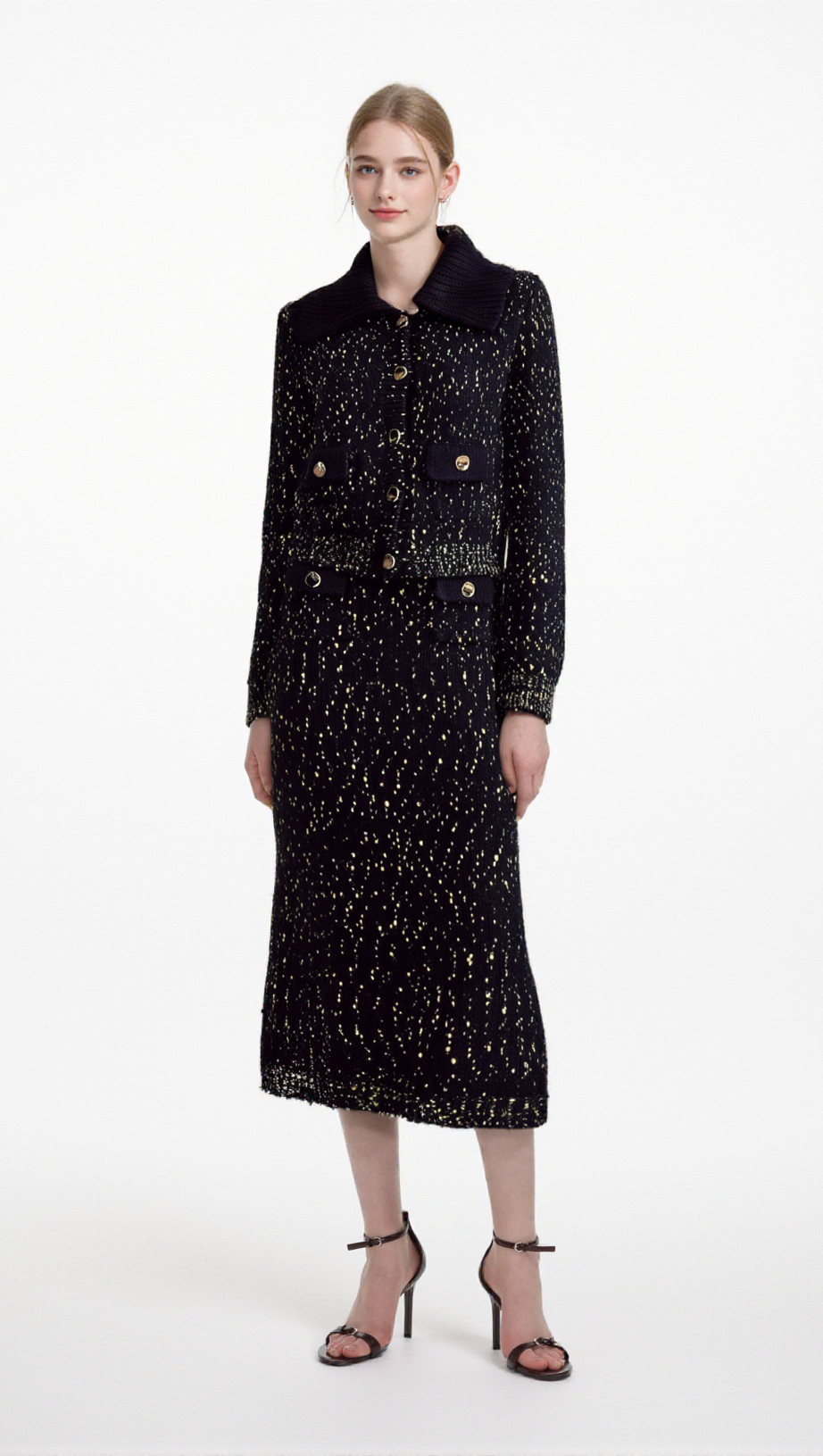 CLAUDINE NAVY CROCHET-KNIT JACKET & SKIRT MATCHING SET