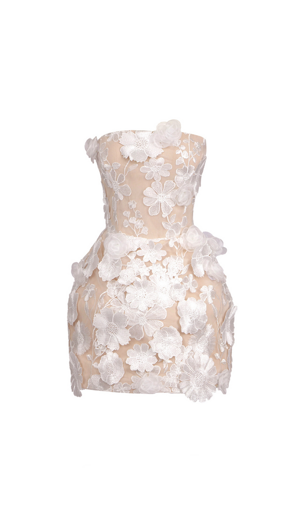 AIIZIE CHLOE FLORAL APPLIQUÉS HAND EMBROIDERY WHITE MINI DRESS - product image
