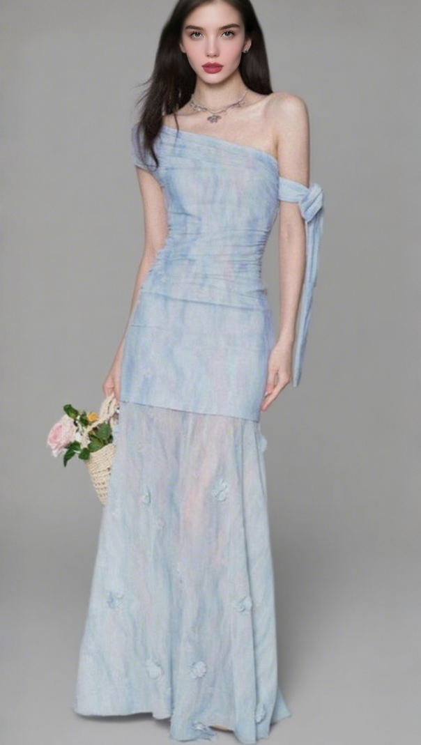 AIIZIE ROSALIND ONE-SHOULDER PLEATED SLIM MAXI DRESS IN BLUE - product image