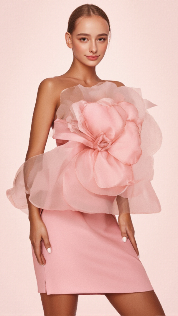AIIZIE ANDREA MESH FLOWER ONE SHOULDER MIDI DRESS IN PINK - product image