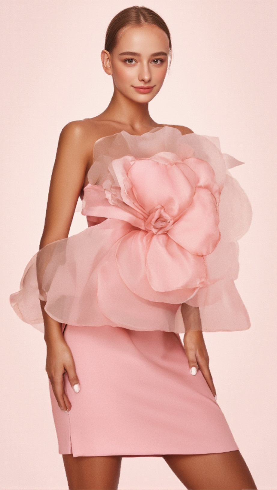 ANDREA MESH FLOWER ONE SHOULDER MIDI DRESS IN PINK