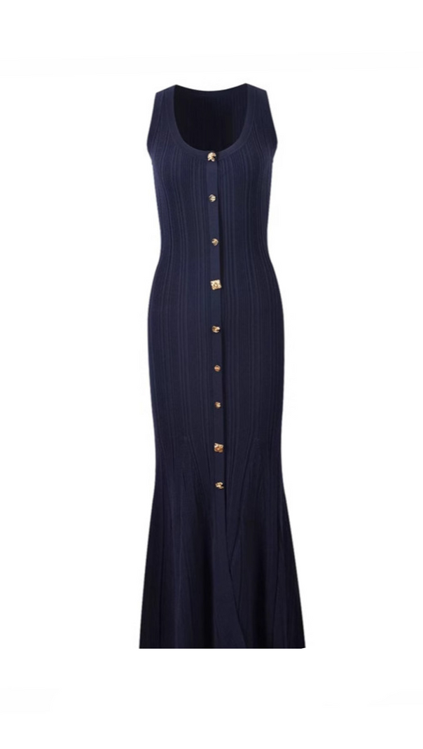 AIIZIE BUTTON-EMBELLISHED RIBBED-KNIT MIDI DRESS IN NAVY - product image