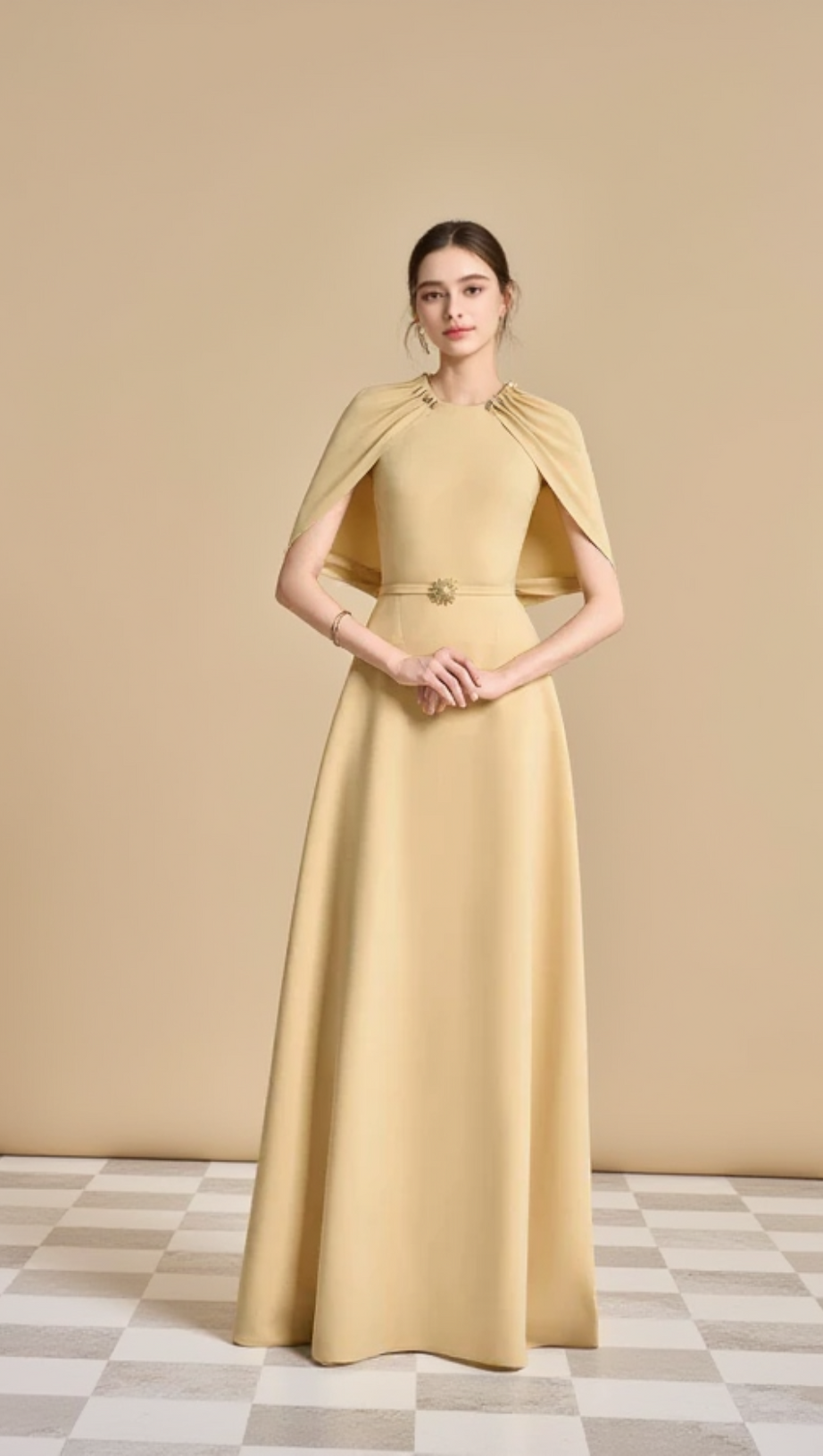 JASMINE A-LINE CAPE SLEEVED MAXI DRESS IN YELLOW BEIGE