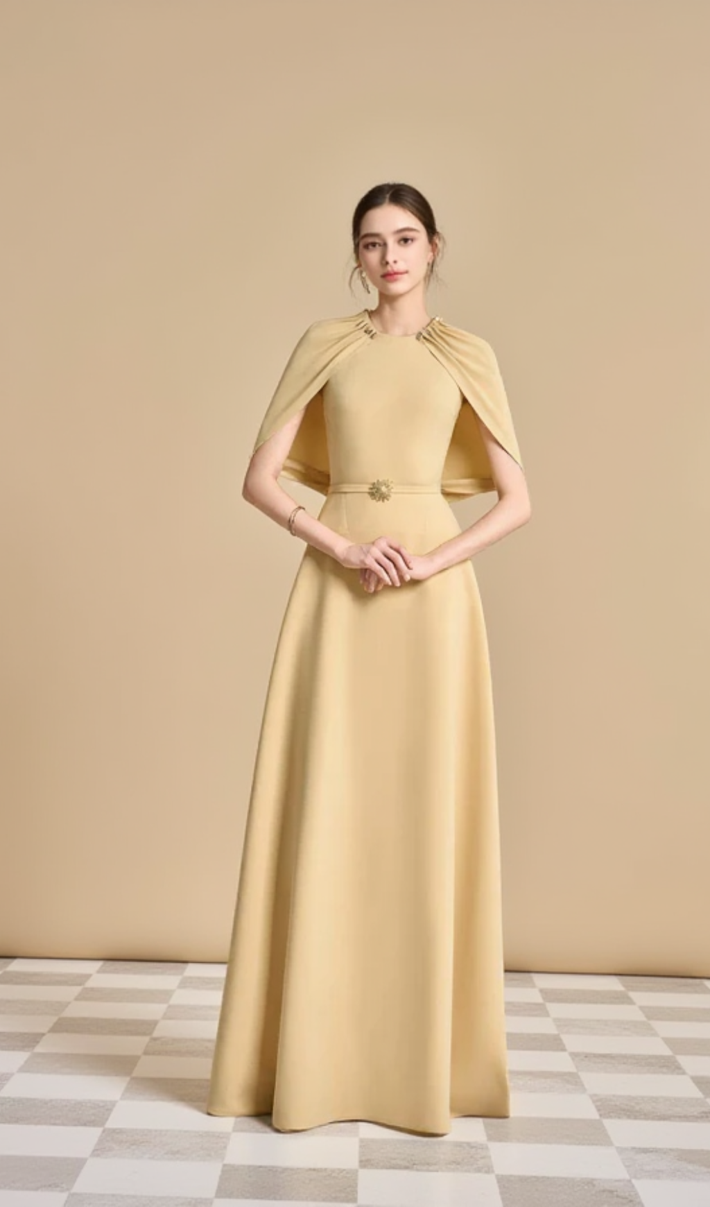 JASMINE A-LINE CAPE SLEEVED MAXI DRESS IN YELLOW BEIGE