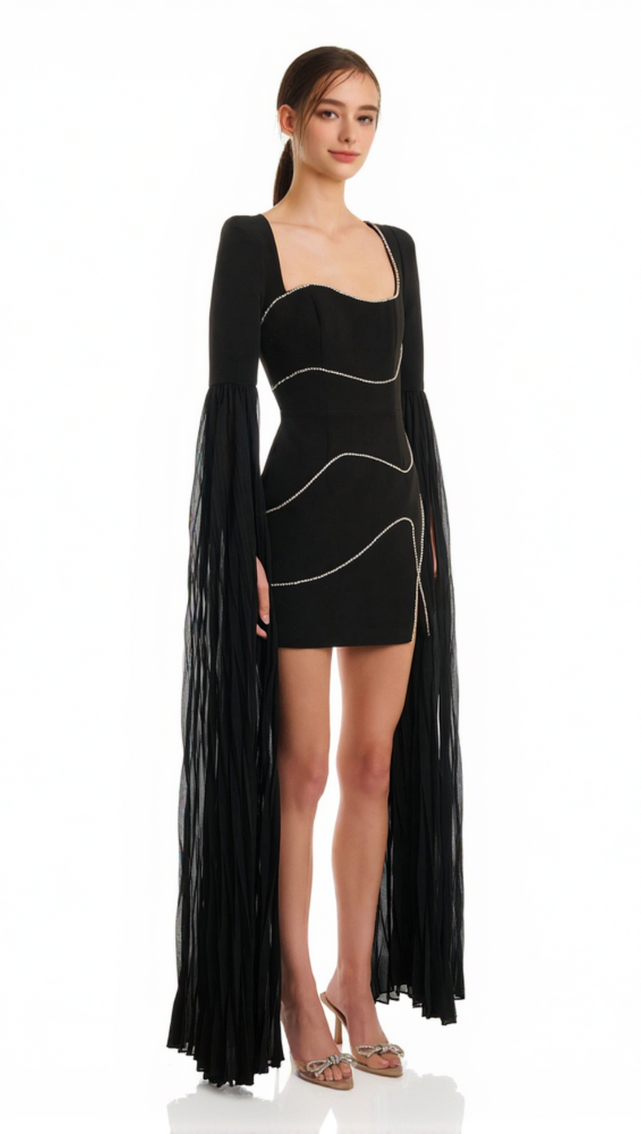 CRYSTAL-STRIPE BODYCON MINI DRESS IN BLACK