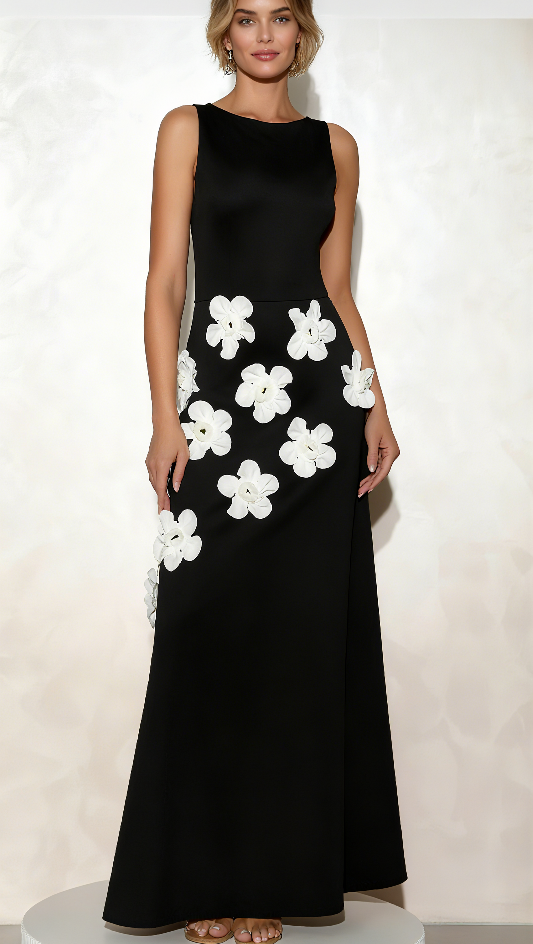 MARCIA 3D FLOWER A-LINE MAXI DRESS IN BLACK