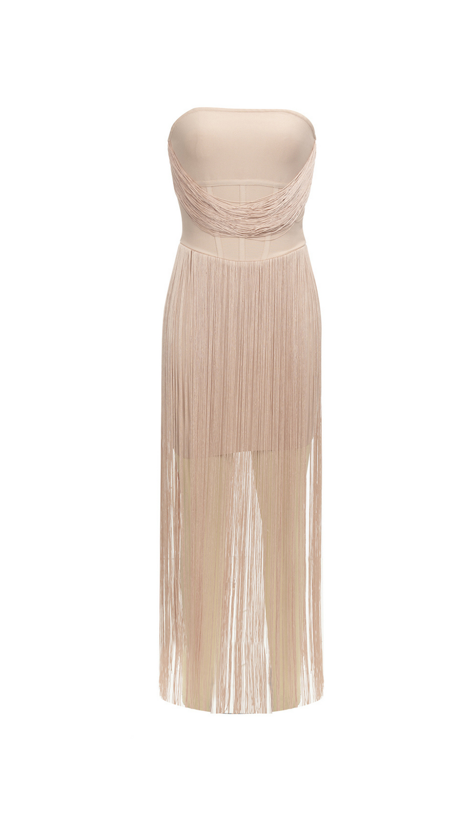 PENELOPE TULLE STRIPED EMBELLISH STRAPLESS APRICOT  MIDI DRESS