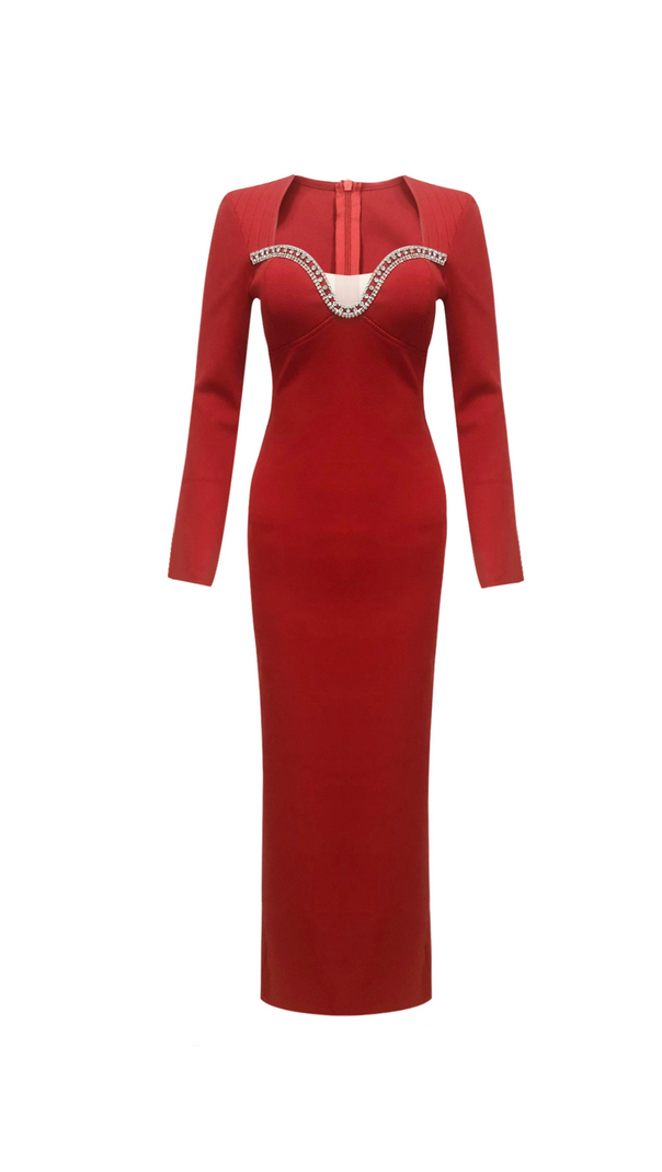 AIIZIE SYLVIA CRYSTAL EMBELLISHED LONG SLEEVE MAXI DRESS IN RED - product image