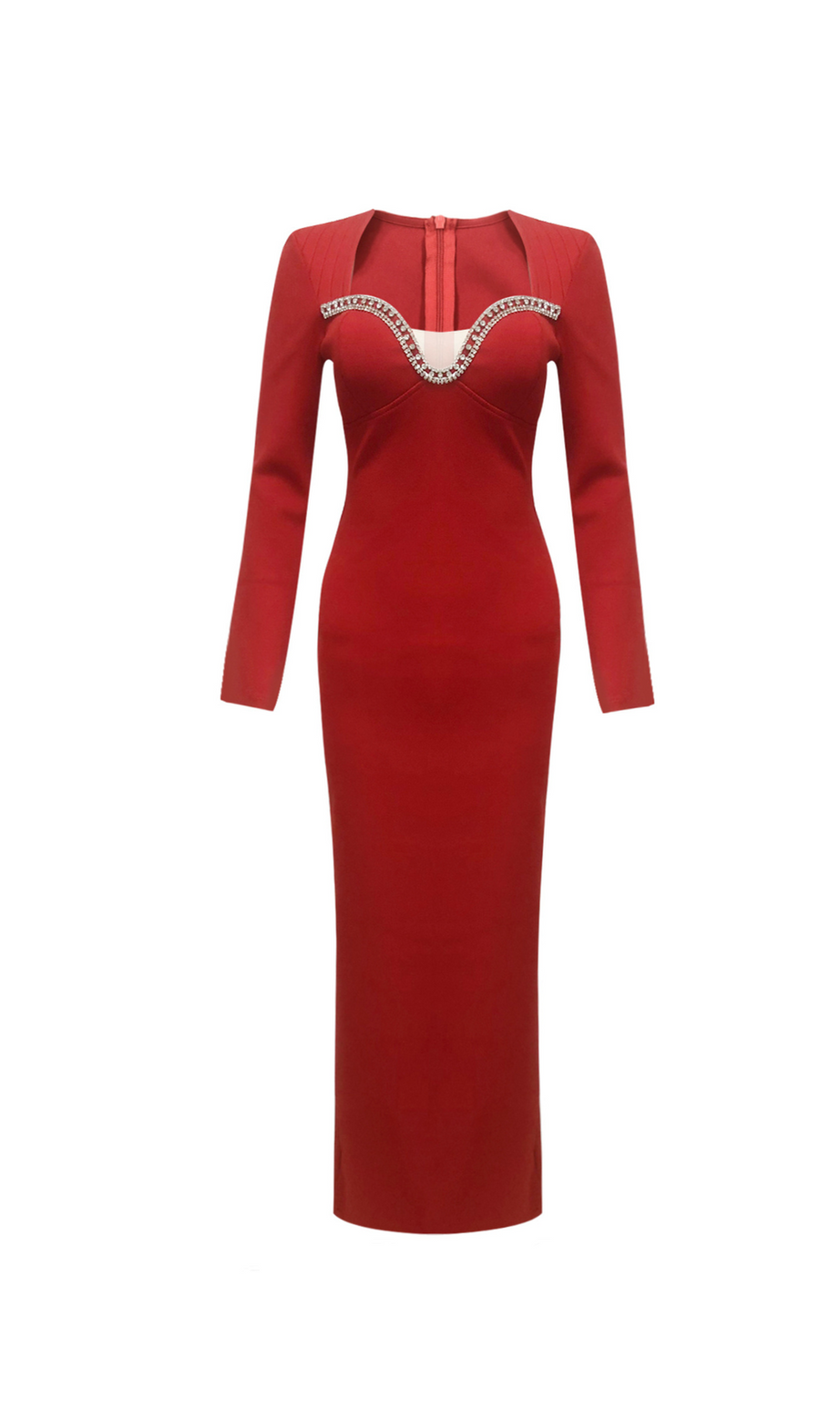 Sylvia – Langärmliges Maxikleid mit Kristallverzierung in Rot