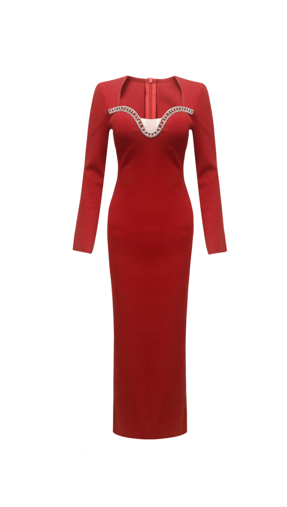 Sylvia – Langärmliges Maxikleid mit Kristallverzierung in Rot