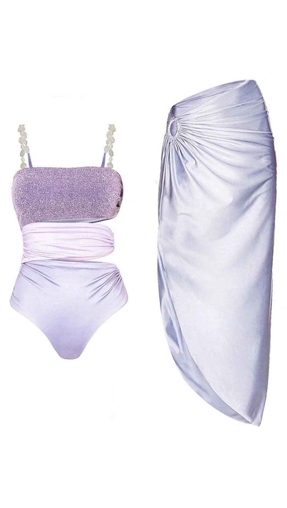 PEARL STRAP CUTOUT SHINY TEXTURE ONE PIECE SWIMSUIT AND SKIRT