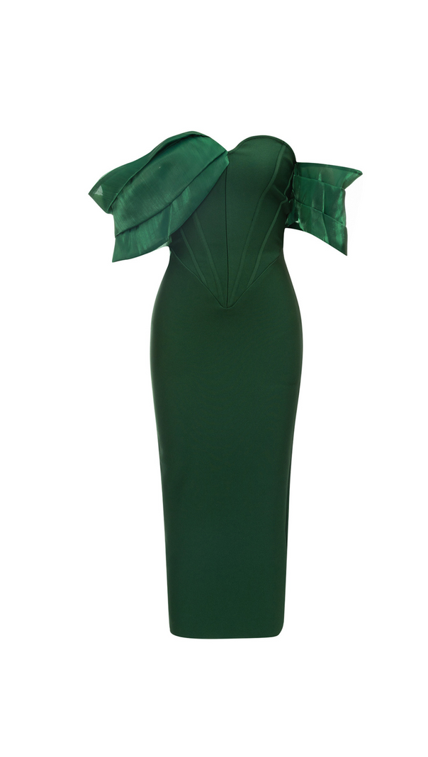 AIIZIE JAMIE GREEN PLEATED SLEEVE TRIM SATIN MAXI DRESS - product image