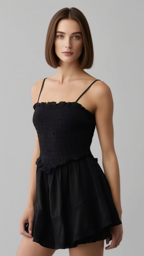 AIIZIE RUFFLE TIERED ROMPER MINI DRESS IN BLACK - product image