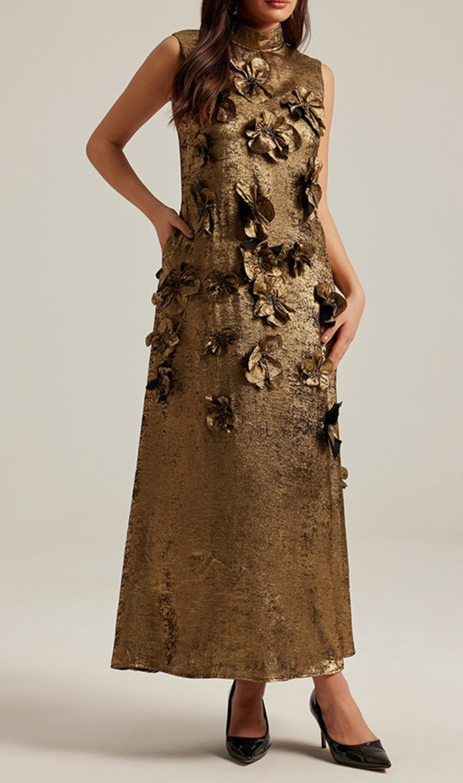 3d floral embellished maxi dress in gold