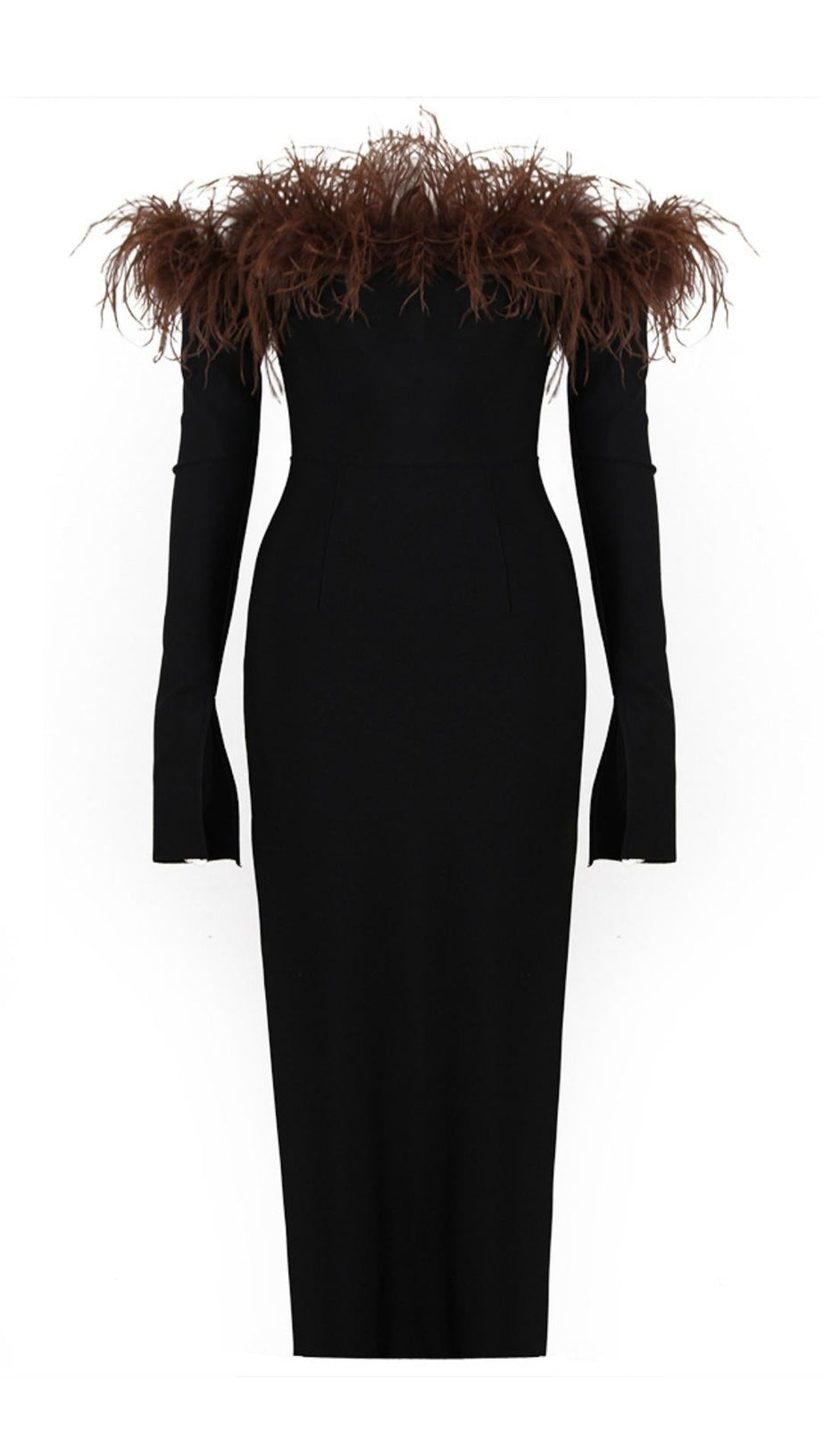 ABITO MIDI CON SPALLE SCOPERTE E PIUME