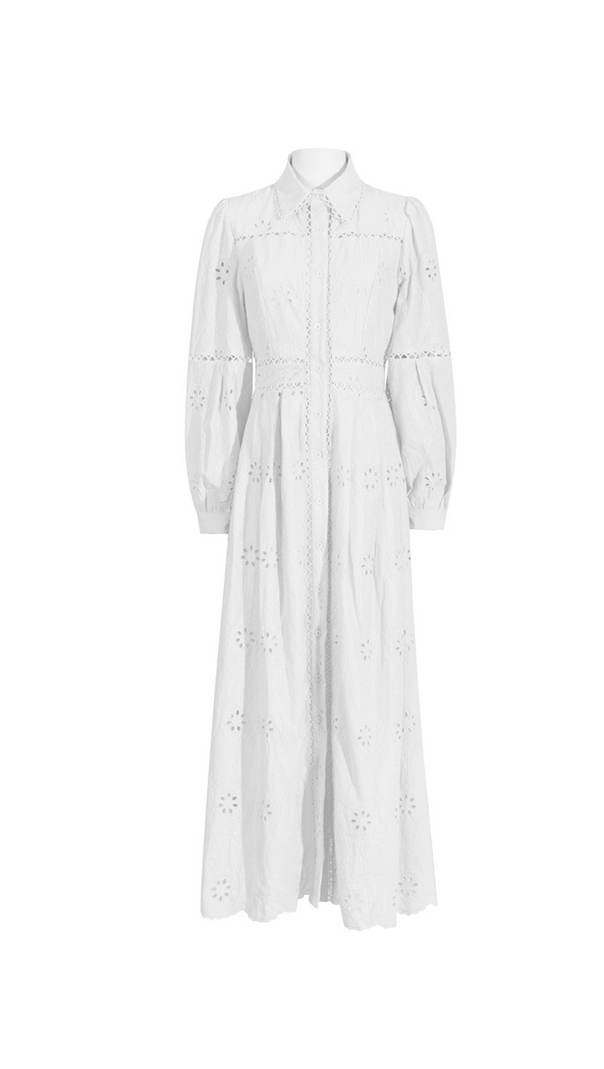 AIIZIE RETRO SINGLE-BREASTED HOLLOW LACE MIDI DRESS IN WHITE - product image