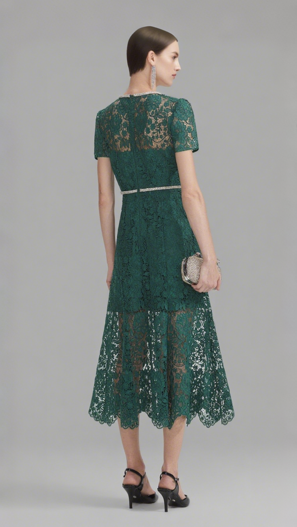 AIIZIE GREEN LACE DIAMANTE BOW MIDI DRESS - product image