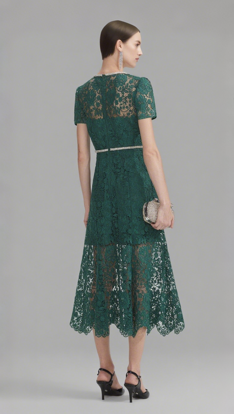 GREEN LACE DIAMANTE BOW MIDI DRESS