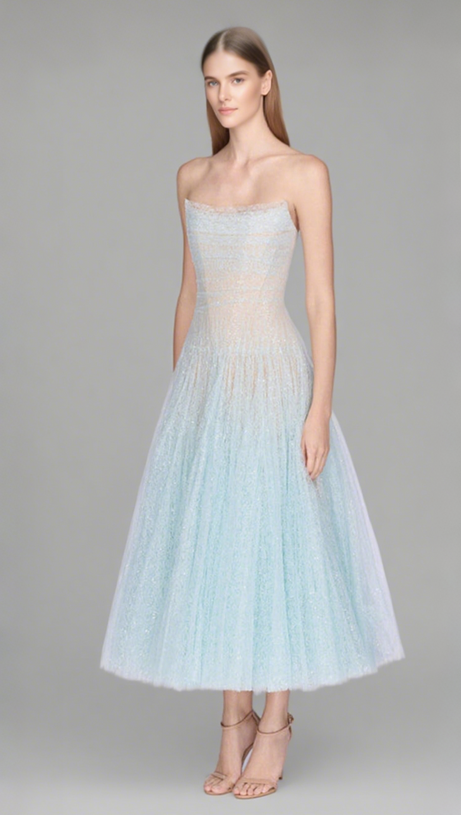 ABITO MIDI IN PIZZO DRAPPEGGIATO BLU