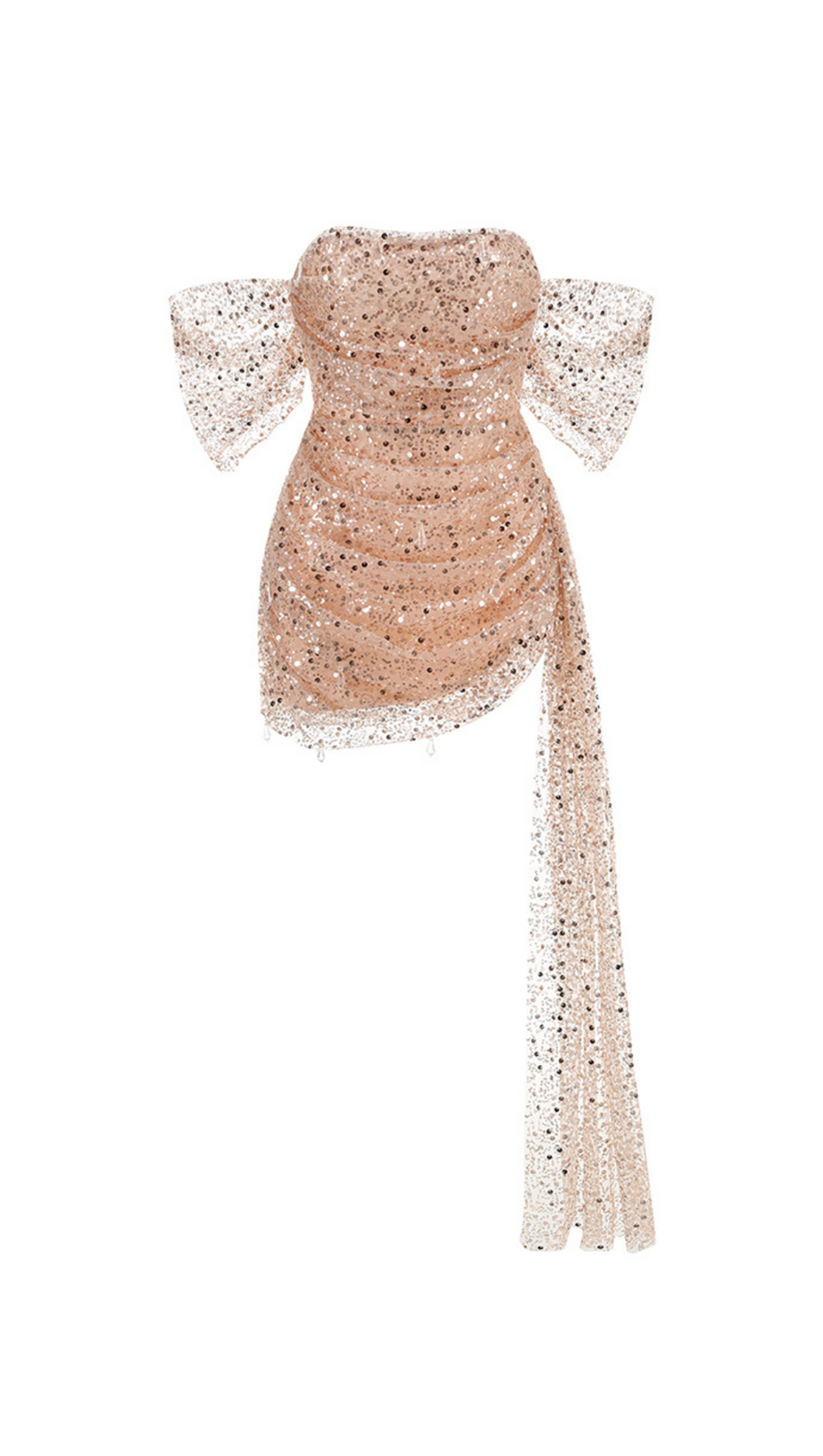 OFF-SHOULDER SEQUIN EMBROIDERED MINI DRESS IN NUDISTE