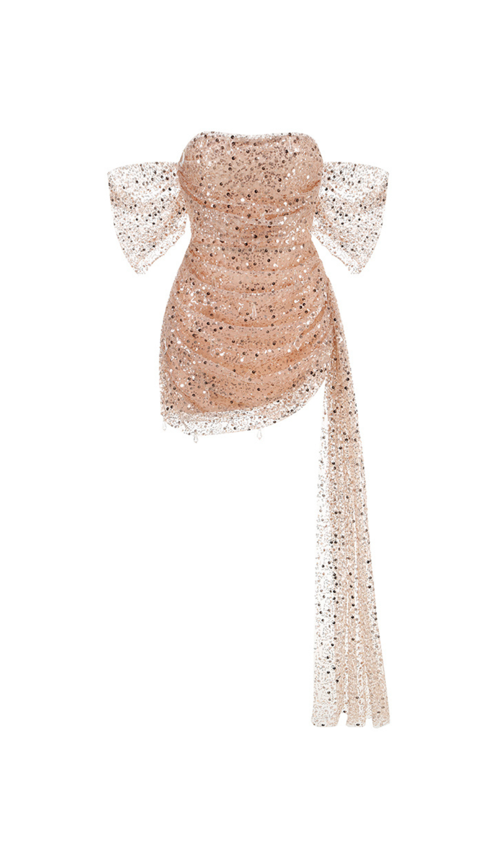 OFF-SHOULDER SEQUIN EMBROIDERED MINI DRESS IN NUDISTE