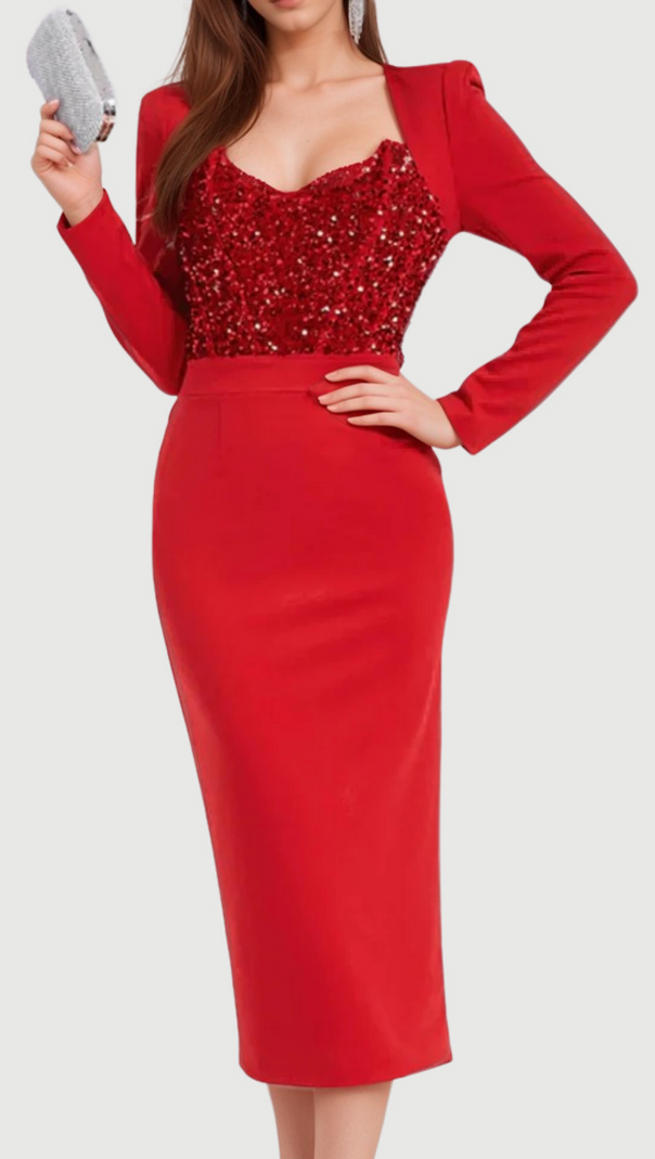 AIIZIE MELISSA LONG SLEEVE PATCHWORK SEQUIN MIDI DRESS IN RED - product image