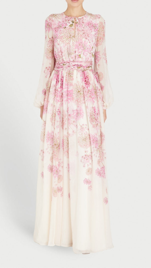 AIIZIE LACE-UP LANTERN SLEEVE FLOWERS PRINT MAXI DRESS - product image