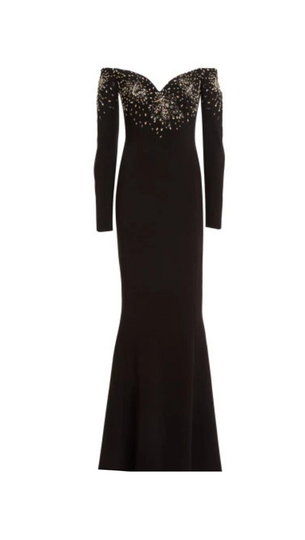 AIIZIE CRYSTAL EMBELLISHED OFF-SHOULDER GOWN IN BLACK - product image
