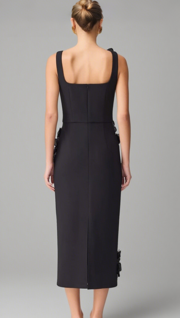 AIIZIE SABRINA 3D FLOWER MIDI DRESS IN BLACK - product image