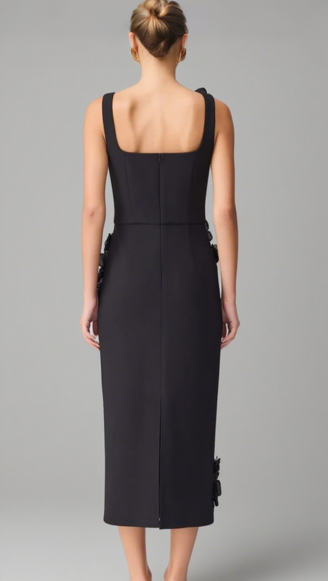 SABRINA 3D FLOWER MIDI DRESS IN BLACK